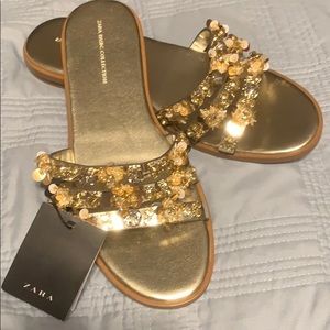 NWT ZARA gold embellished slides